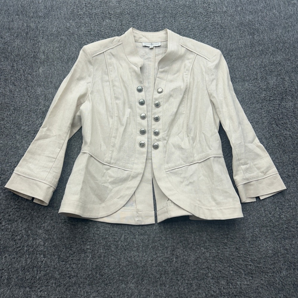 Kate Rosy Linen Cotton Jacket Large Military Band Style Metal Buttons Blazer